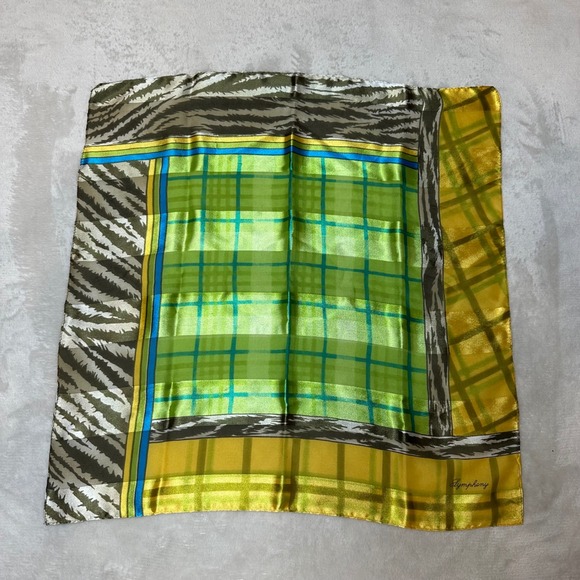Symphony Accessories - Symphony Vintage Square Scarf Green Yellow Plaid Zebra Print Satin Neckerchief